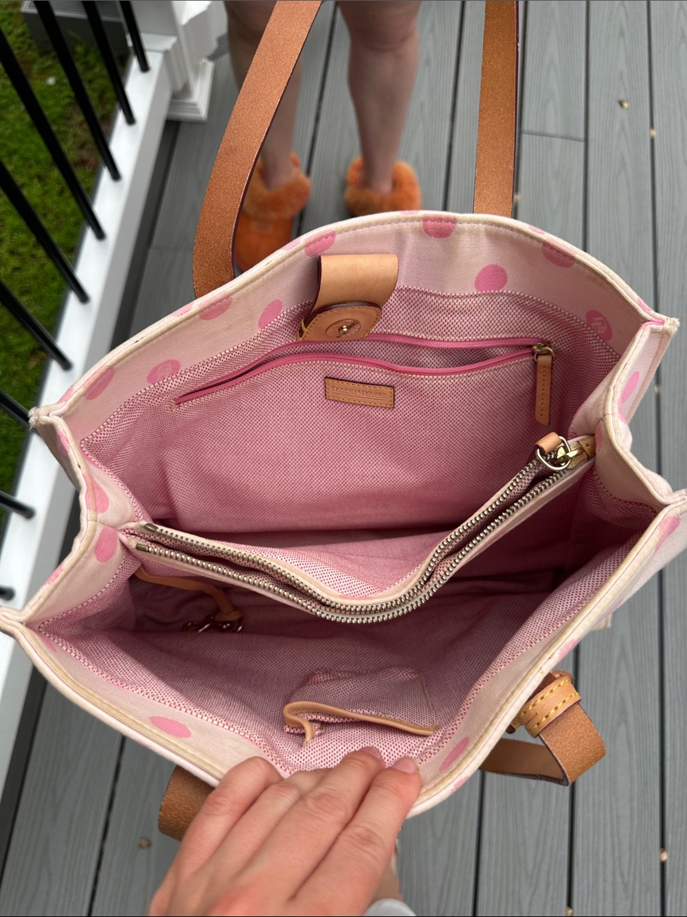 Dooney & Bourke East/West Pink Polka Dot Tote Bag with Tan Straps - Picture 14 of 15
